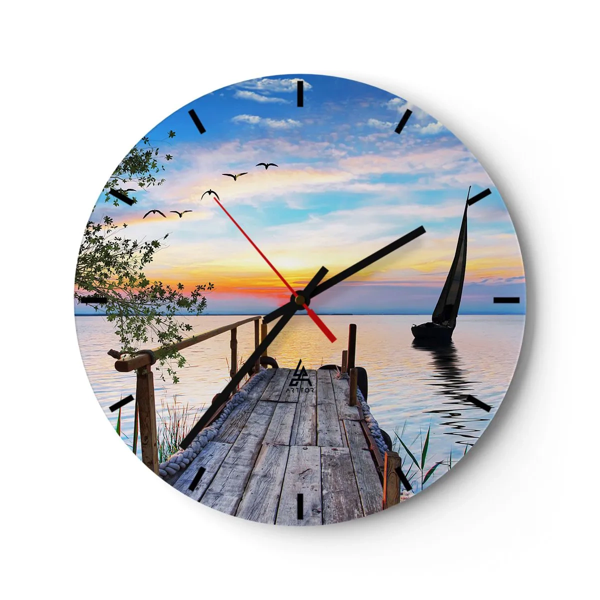 Ceas de perete - Ceas pe sticlă - Un dig peste lac în lumina soarelui care apune - 30x30cm - Bună seara - Decorațiune modernă pentru perete pentru living, bucătărie și dormitor ARTTOR