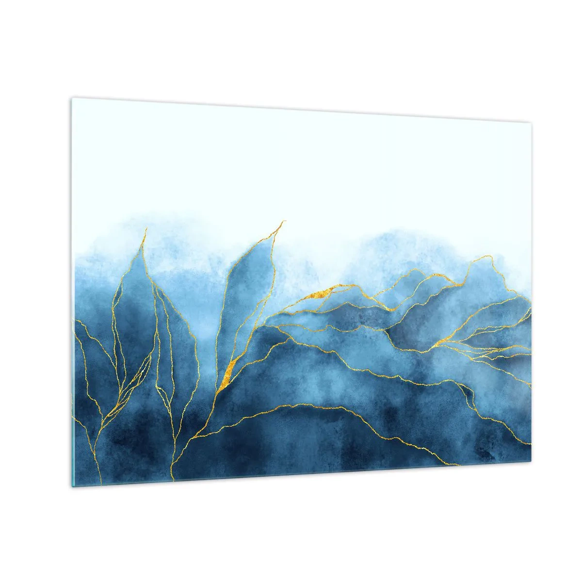 Tablou pe sticlă - Forme abstracte albastre cu linii aurii delicate. - 70x50cm - Albastru în aur - Decorațiune modernă pentru perete pentru living și dormitor ARTTOR