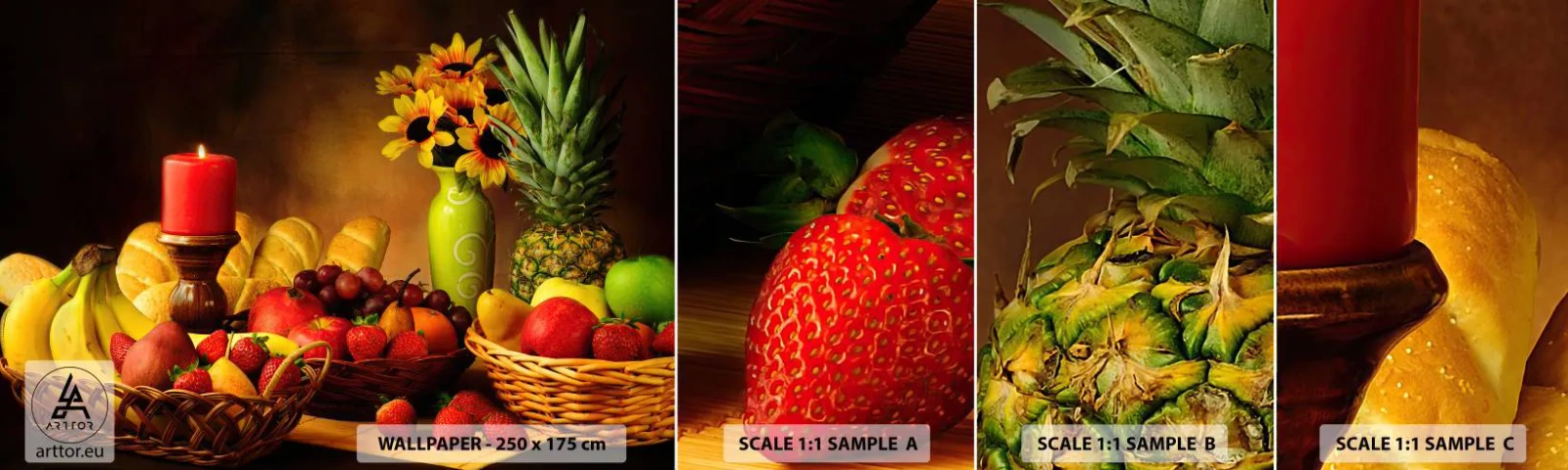 Mostră tapet autocolant Deluxe Sticker - Natură moarte cu pâine și fructe - Gastronomie, Flori, Fructe - 100x30 cm