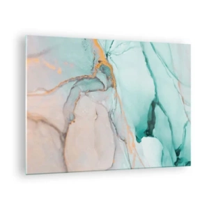 Tablou pe sticlă - O compoziție abstractă în nuanțe de turcoaz și auriu. - 70x50cm - Dansul formelor și al culorilor - Decorațiune modernă pentru perete pentru living și dormitor ARTTOR