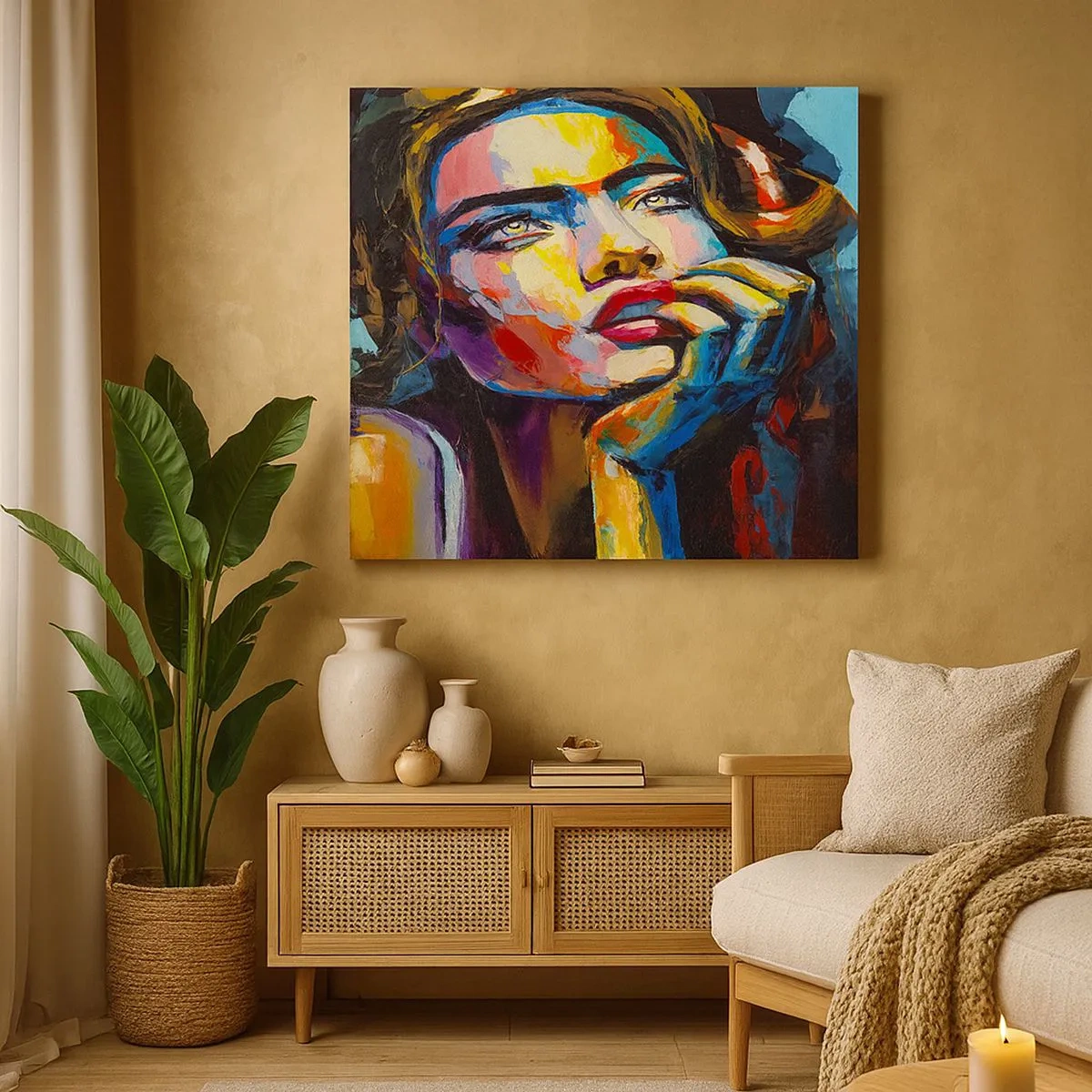 Tablou pe pânză Canvas - Portret colorat al unei femei în stil expresionist - 70x50cm - Visele ca niște păsări se înalță pe cer - Decorațiune modernă pentru perete pentru living și dormitor ARTTOR