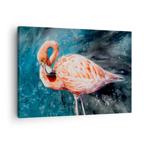 Tablou pe pânză Canvas - Un flamingo roz pe un fundal albastru acuarelă - 70x50cm - Decorativ prin natură - Decorațiune modernă pentru perete pentru living și dormitor ARTTOR