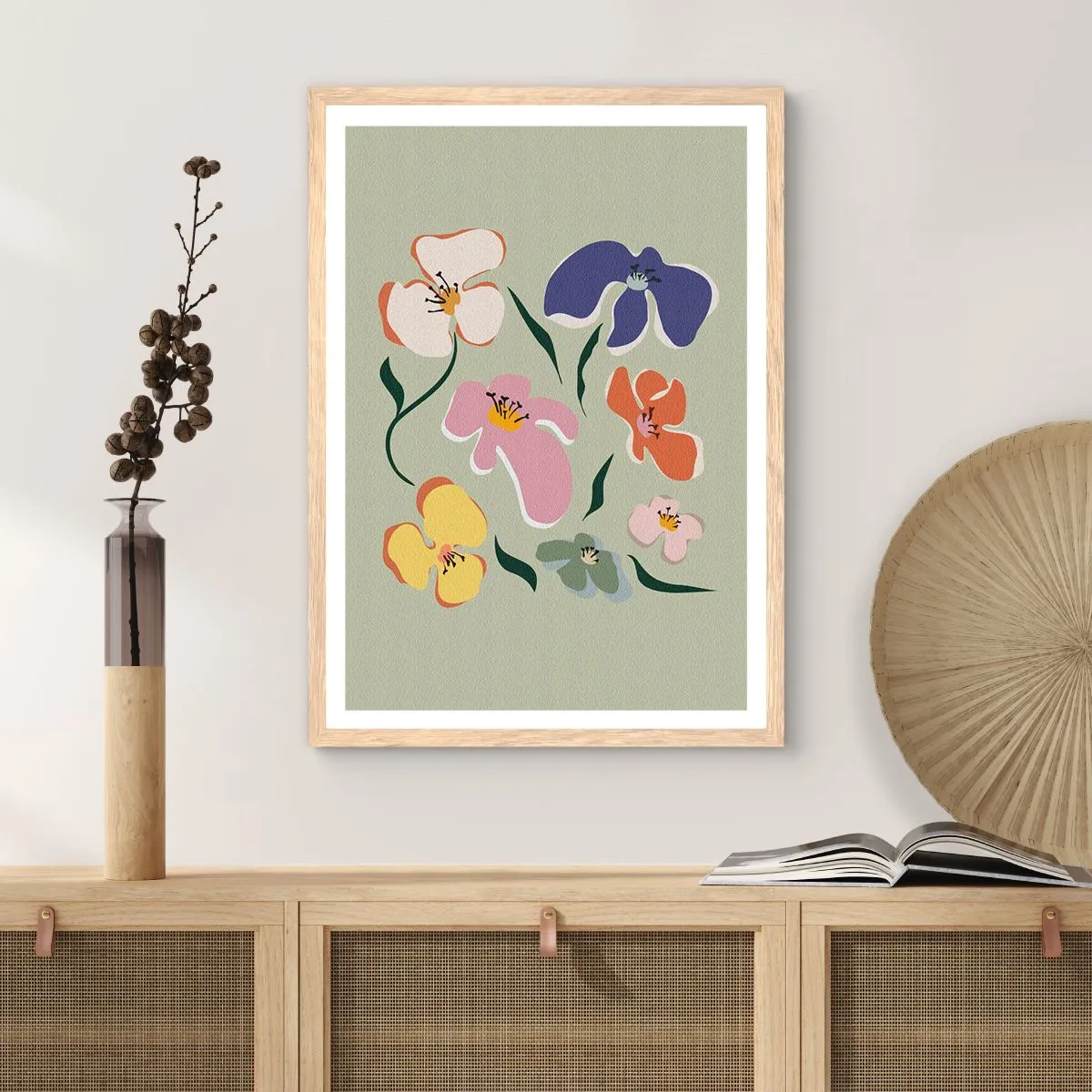 Poster în ramă de stejar deschis - Panseluțe colorate - 40x50 cm