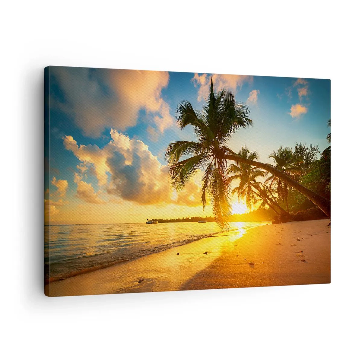 Tablou pe pânză Canvas - Plajă la apus cu palmieri pe malul mării - 70x50cm - Visul din Caraibe - Decorațiune modernă pentru perete pentru living și dormitor ARTTOR