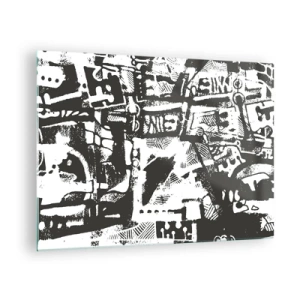Tablou pe sticlă - Abstracție alb-negru cu motive geometrice și tehnice - 70x50cm - Ordine sau haos? - Decorațiune modernă pentru perete pentru living și dormitor ARTTOR