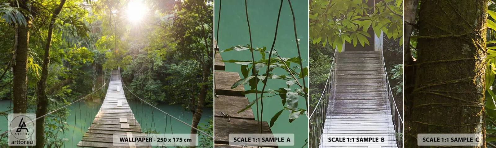 Mostră de Tapet Standard Eco - Peste apa de azur spre pădurea de azur - Peisaj, Junglă, Pod de lemn - 100x30 cm