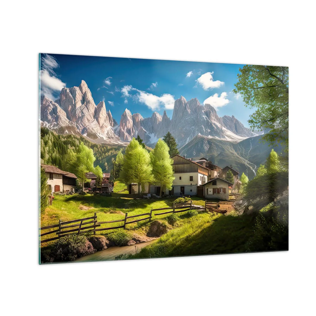 Tablou pe sticlă - Dezvoltare rurală în mijlocul verdeaței la poalele vârfurilor alpine - 70x50cm - Idilă alpină - Decorațiune modernă pentru perete pentru living și dormitor ARTTOR