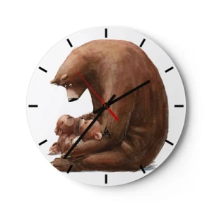 Ceas de perete - Ceas pe sticlă - Un ursuleț de pluș îmbrățișând doi ursuleți pe un fundal alb - 30x30cm - Vise plăcute, copii - Decorațiune modernă pentru perete pentru living, bucătărie și dormitor ARTTOR