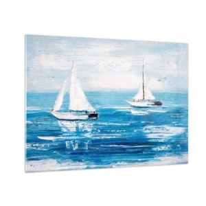 Tablou pe sticlă - Două bărci cu pânze albe pe o mare albastră calmă - 70x50cm - Cu un prieten alături de tine - Decorațiune modernă pentru perete pentru living și dormitor ARTTOR