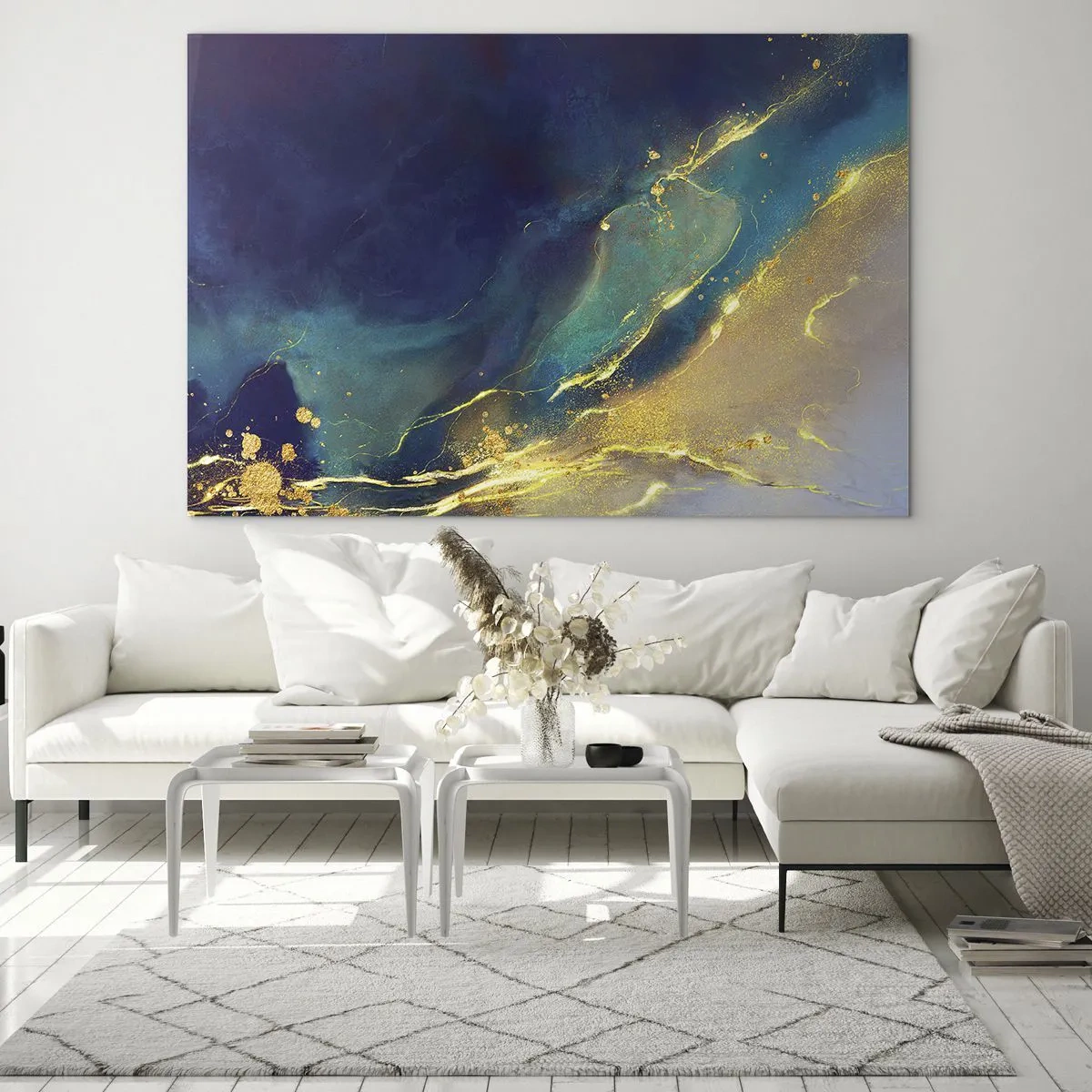 Tablou pe sticlă - O compoziție abstractă în nuanțe de albastru marin, turcoaz și auriu - 70x50cm - Baltă de aur - Decorațiune modernă pentru perete pentru living și dormitor ARTTOR