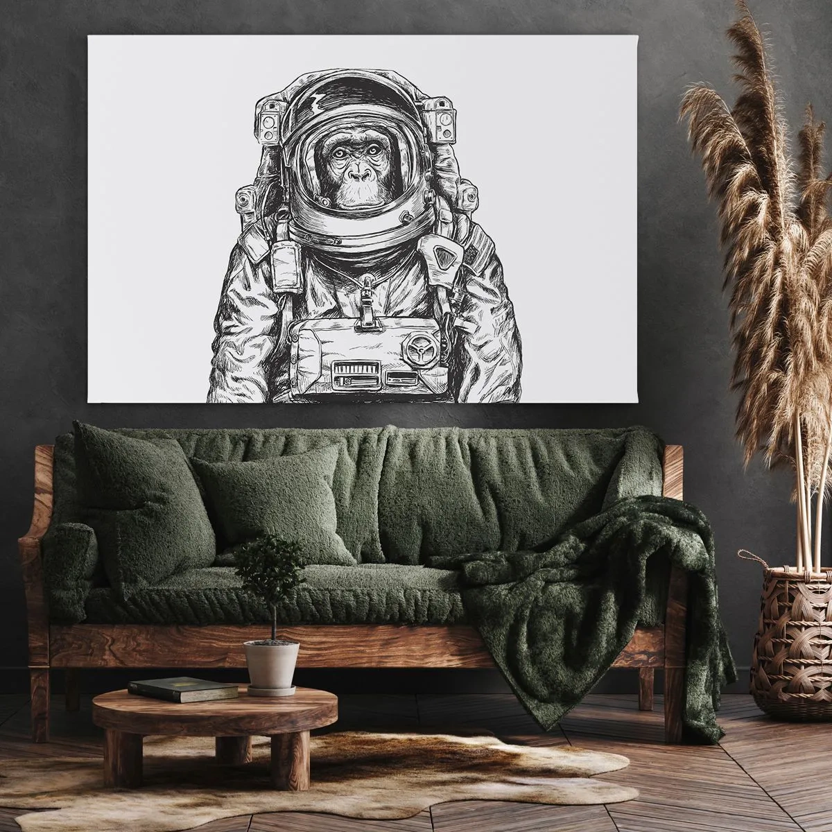 Tablou pe pânză Canvas - Grafică a unui astronaut într-un costum spațial cu cap de maimuță - 70x50cm - Evoluție alternativă - Decorațiune modernă pentru perete pentru living și dormitor ARTTOR