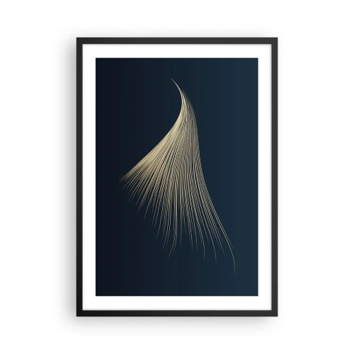 Poster în ramă neagră - O formă abstractă aurie care seamănă cu o șuviță de păr pe un fundal bleumarin. - 50x70cm - Ca părul unui înger - Decorațiune modernă pentru perete pentru living și dormitor ARTTOR