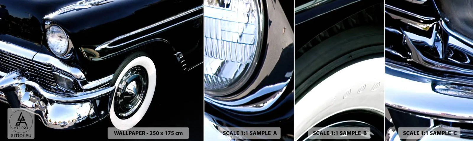 Mostră de Tapet Standard Eco - Clasicul în argintiu, negru și alb - Automobile, Mașină, alb și negru - 100x30 cm