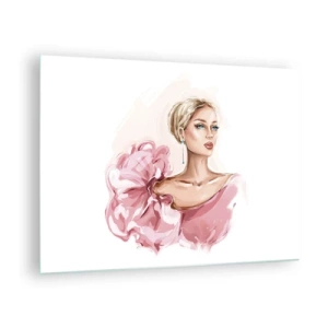 Tablou pe sticlă - Portret stilizat al unei femei într-o rochie roz - 70x50cm - Așa cum a fost pictată... - Decorațiune modernă pentru perete pentru living și dormitor ARTTOR