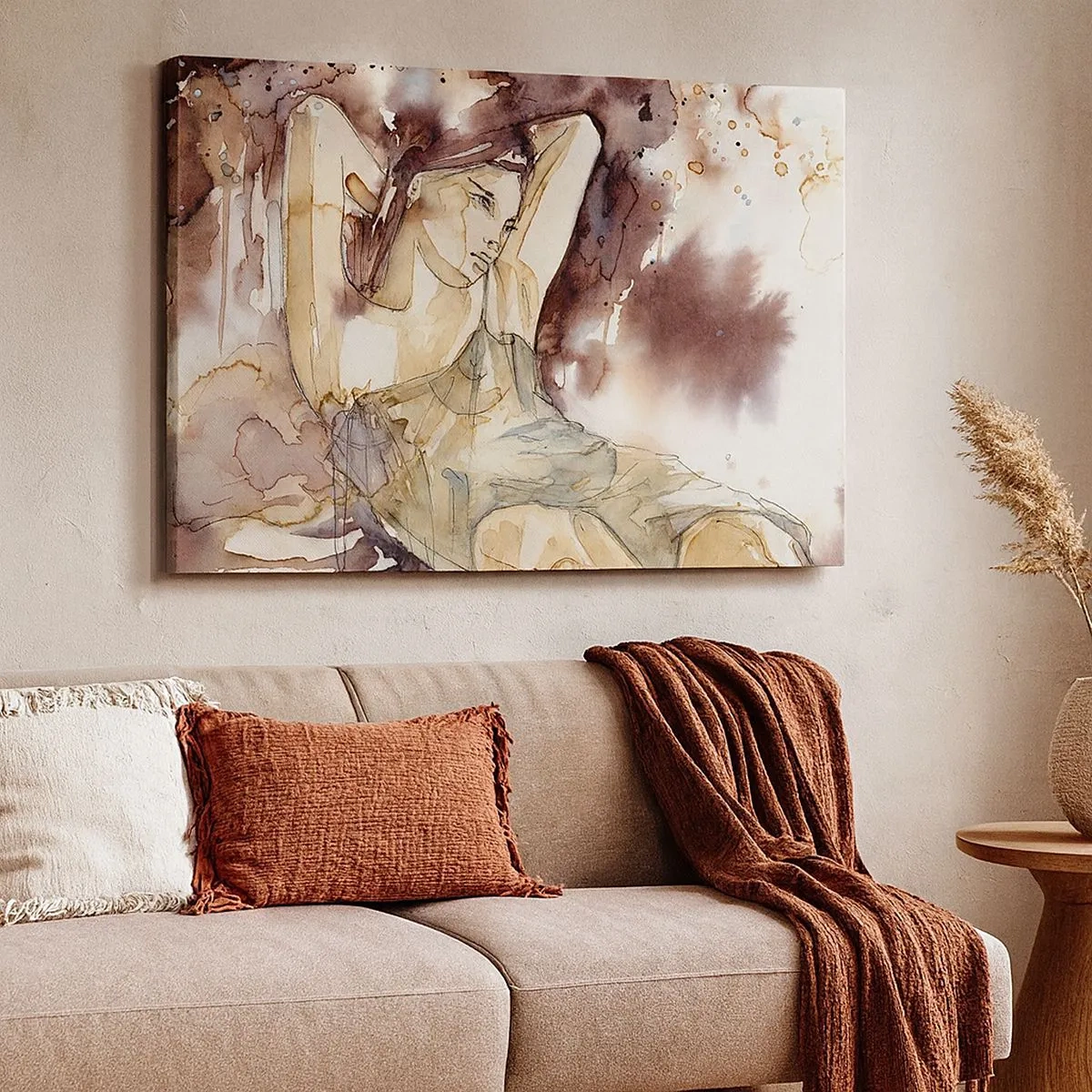 Tablou pe pânză Canvas - Femeie în stil artistic de acuarelă cu fundal maro - 70x50cm - Într-o dispoziție mov deschis - Decorațiune modernă pentru perete pentru living și dormitor ARTTOR