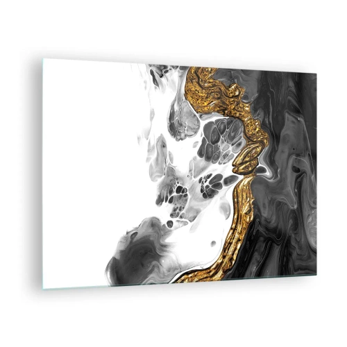 Tablou pe sticlă - Compoziție abstractă de negru, alb și auriu - 70x50cm - Compoziție organică - Decorațiune modernă pentru perete pentru living și dormitor ARTTOR