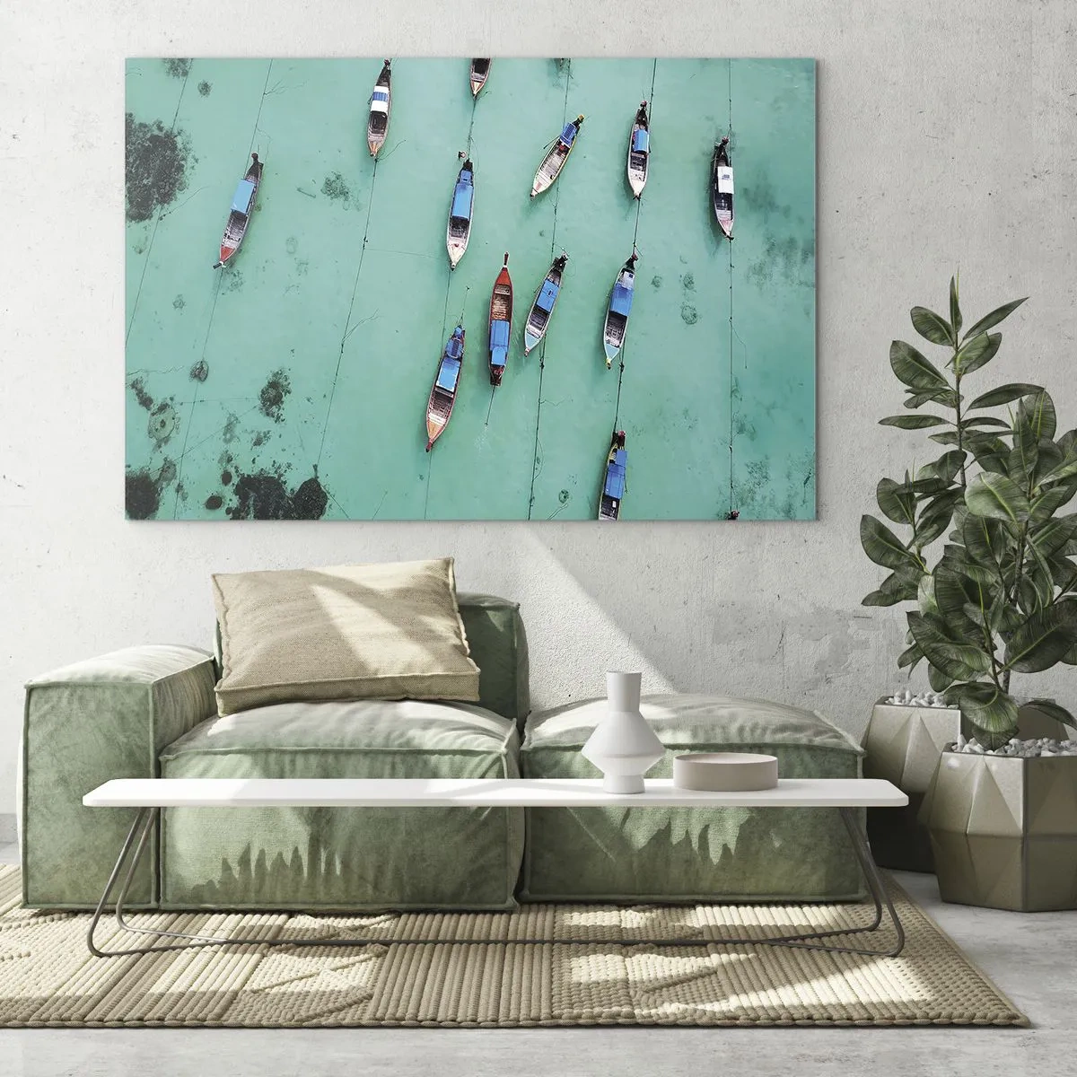 Tablou pe sticlă - Bărci pe ape turcoaz văzute de sus - 70x50cm - În așteptare - Decorațiune modernă pentru perete pentru living și dormitor ARTTOR