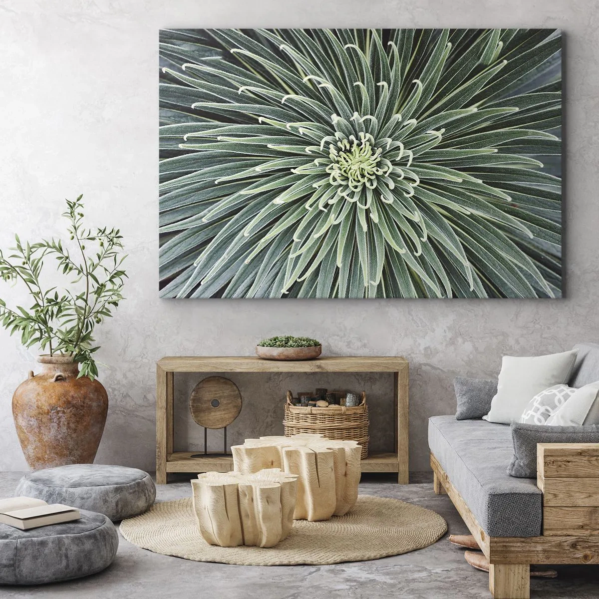 Tablou pe pânză Canvas - Aranjament simetric de frunze verzi care seamănă cu o stea - 70x50cm - Nașterea unei stele - Decorațiune modernă pentru perete pentru living și dormitor ARTTOR