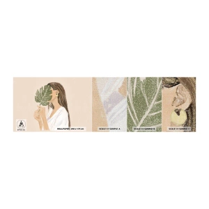 Mostră tapet Premium Canvas - Portret misterios cu un evantai - Frunze, Femeie, Boho - 100x30 cm