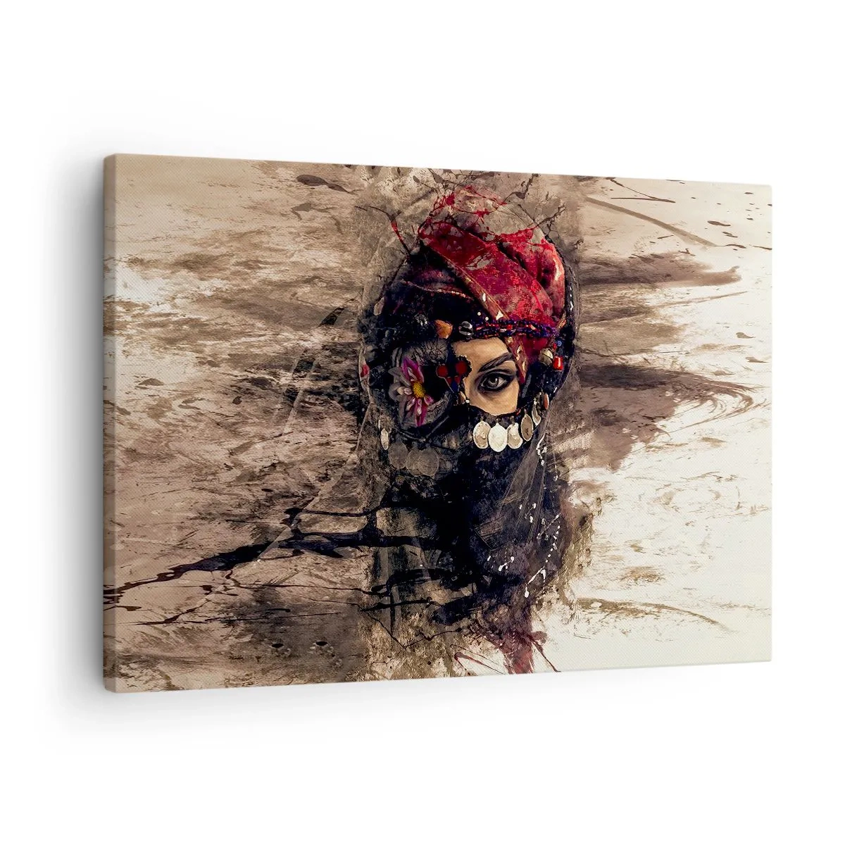 Tablou pe pânză Canvas - Portret artistic al unei femei în ținută orientală pe un fundal abstract. - 70x50cm - Cel puțin îngrijător - Decorațiune modernă pentru perete pentru living și dormitor ARTTOR