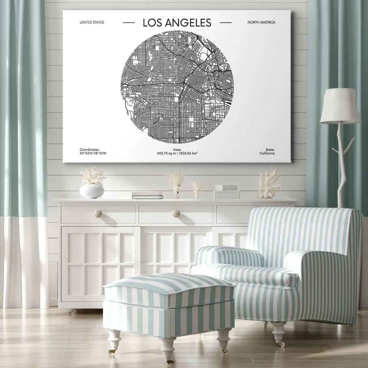 Tablou pe pânză Canvas - O hartă a orașului Los Angeles într-un stil minimalist alb-negru - 70x50cm - Anatomia Los Angeles - Decorațiune modernă pentru perete pentru living și dormitor ARTTOR