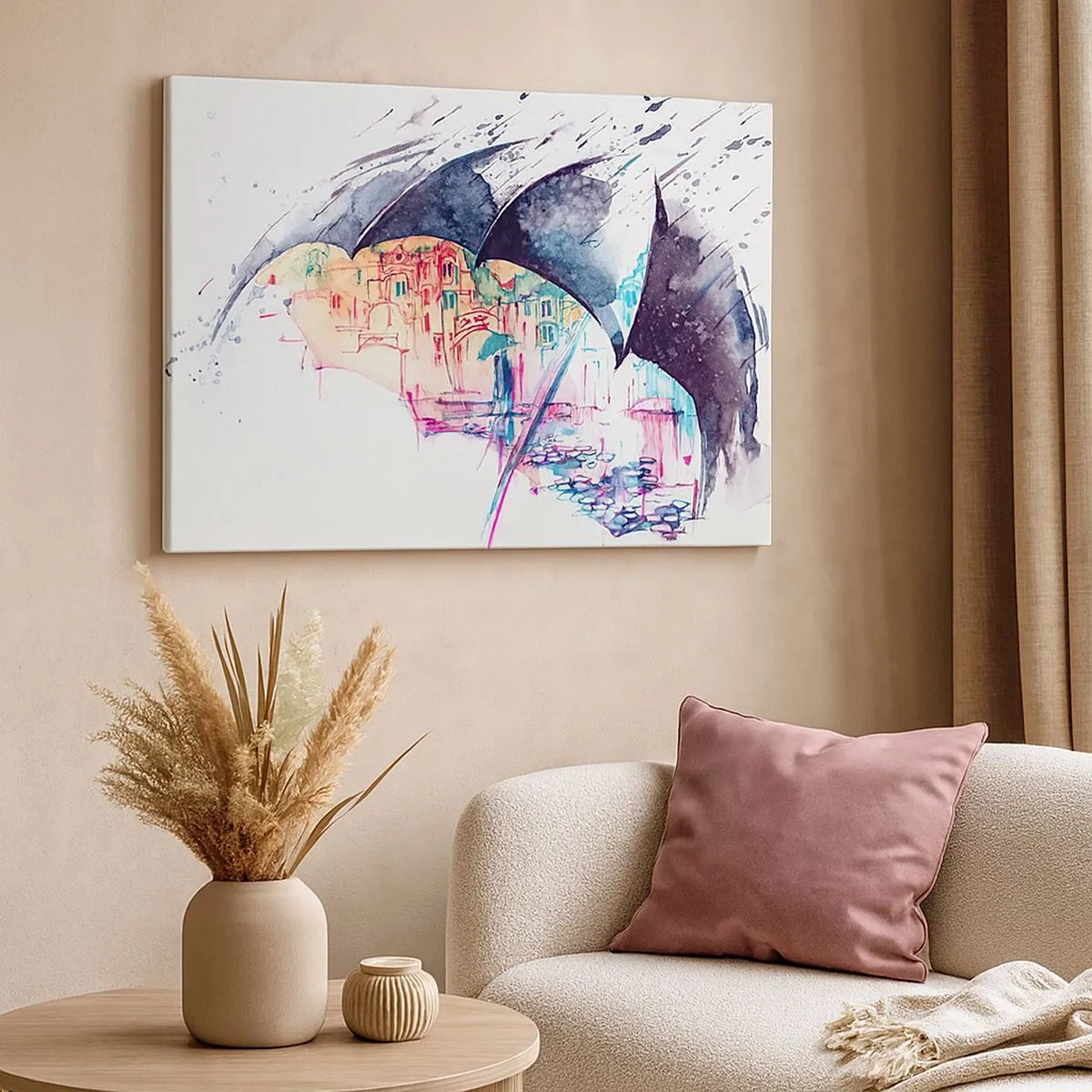 Tablou pe pânză Canvas - Un oraș colorat ascuns sub umbrele abstracte - 70x50cm - Plimbare în ploaie - Decorațiune modernă pentru perete pentru living și dormitor ARTTOR