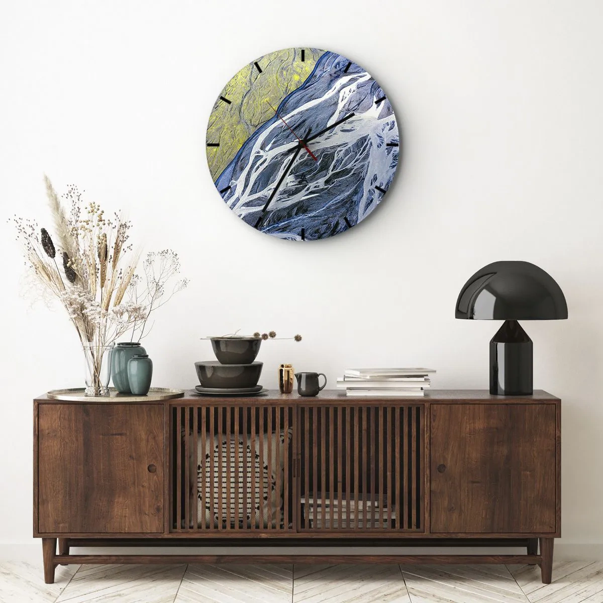 Ceas de perete - Ceas pe sticlă - Fotografie aeriană abstractă a râurilor și sedimentelor - 30x30cm - Picturi din natură - Decorațiune modernă pentru perete pentru living, bucătărie și dormitor ARTTOR