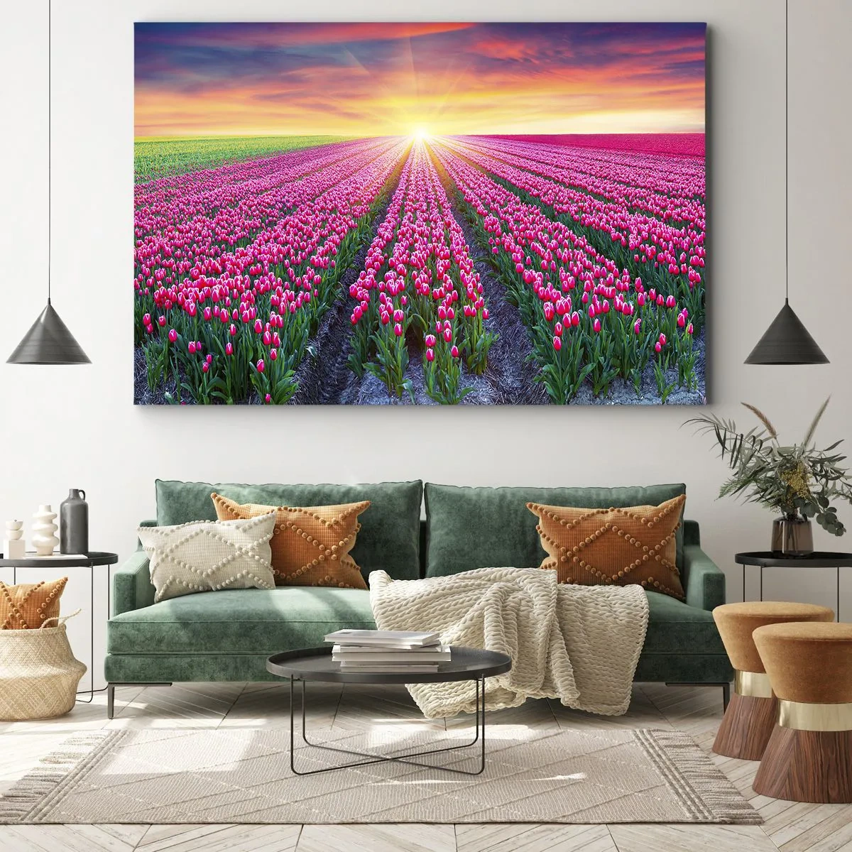 Tablou pe pânză Canvas - Un câmp de lalele la apus - 70x50cm - Ferma de frumusețe - Decorațiune modernă pentru perete pentru living și dormitor ARTTOR