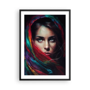 Poster în ramă neagră - Portretul unei femei într-o eșarfă colorată - 50x70cm - Misterul ochilor verzi - Decorațiune modernă pentru perete pentru living și dormitor ARTTOR