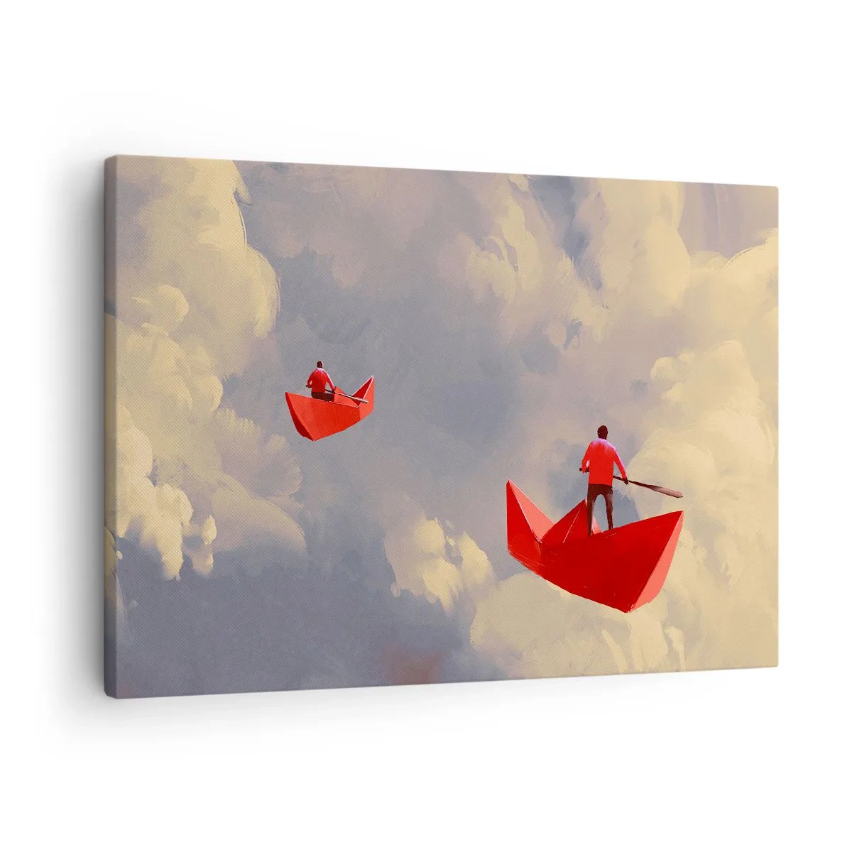 Tablou pe pânză Canvas - Bărcuțe roșii de hârtie plutind în nori - 70x50cm - Expediția visătorilor - Decorațiune modernă pentru perete pentru living și dormitor ARTTOR