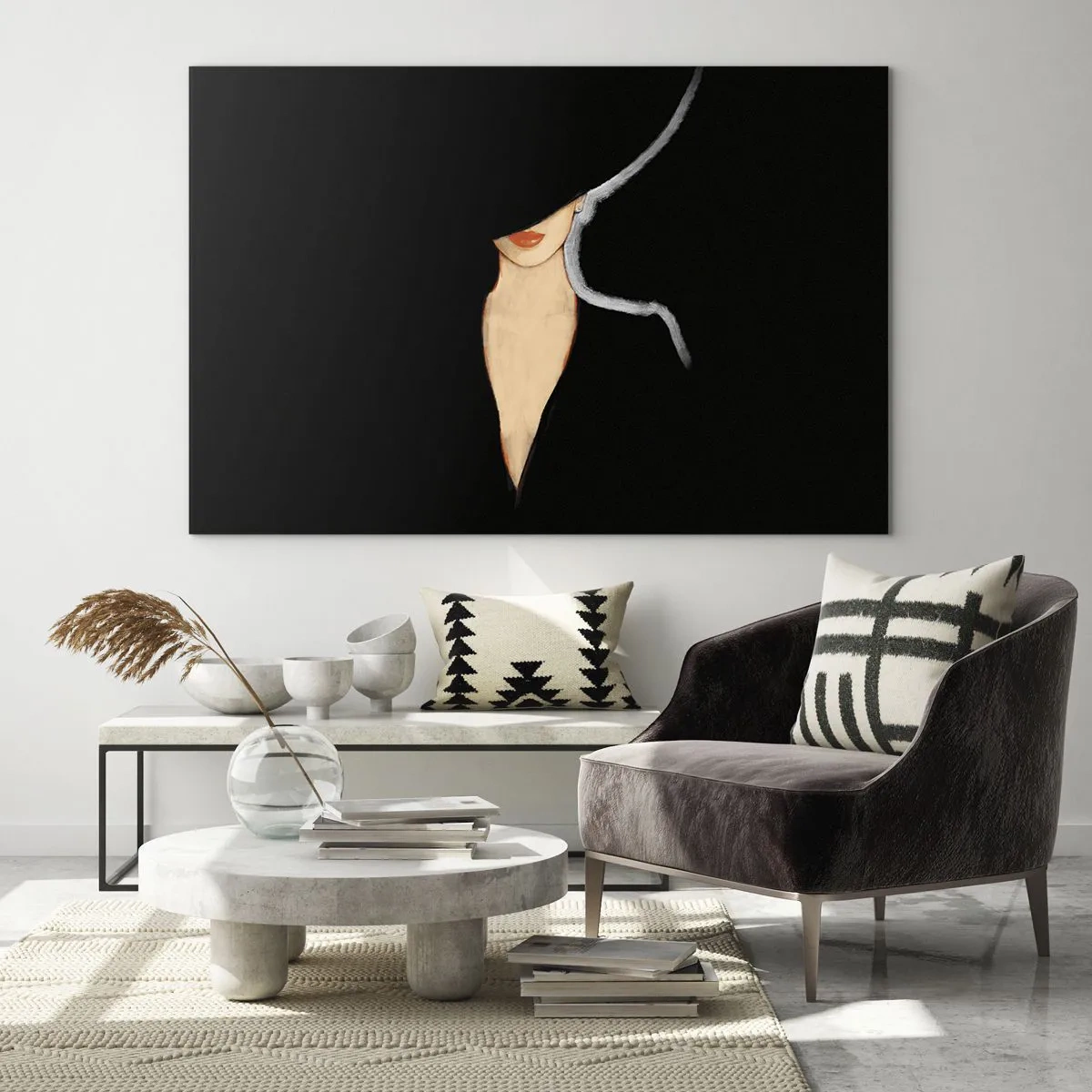 Tablou pe sticlă - Un portret subtil al unei femei pe un fundal negru - 70x50cm - Eleganță și stil - Decorațiune modernă pentru perete pentru living și dormitor ARTTOR