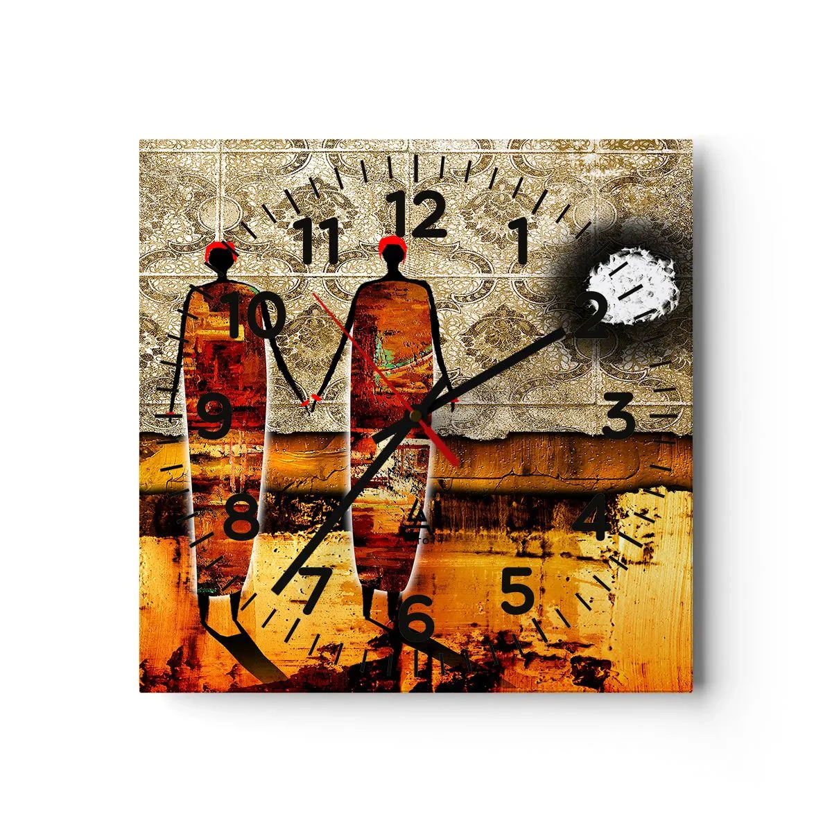 Ceas de perete - Ceas pe sticlă - Compoziție etnică în culorile Africii - 30x30 cm