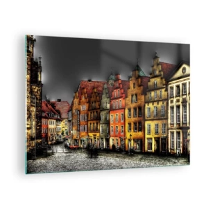 Tablou pe sticlă - Case de locuit colorate pe fundalul unui cer înnorat - 70x50cm - Doar o trăsură fermecată mai lipsește - Decorațiune modernă pentru perete pentru living și dormitor ARTTOR