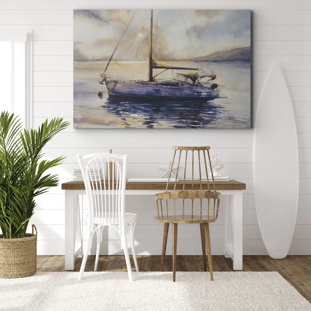 Tablou pe pânză Canvas - Un iaht pe o mare calmă la apus - 70x50cm - O seară în golf - Decorațiune modernă pentru perete pentru living și dormitor ARTTOR