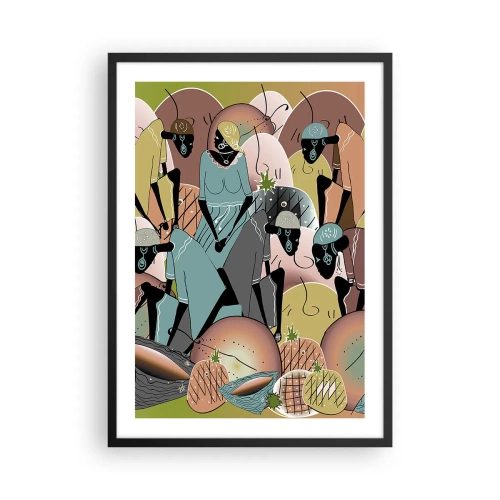 Poster în ramă neagră - O compoziție stilizată de figuri africane cu fructe în culori pastelate. - 50x70cm - Sărbătoarea cea mare se apropie - Decorațiune modernă pentru perete pentru living și dormitor ARTTOR