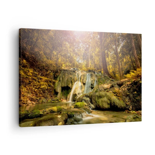 Tablou pe pânză Canvas - O cascadă în pădure, înconjurată de verdeață, în razele soarelui - 70x50cm - Cascada de pădure în verde - Decorațiune modernă pentru perete pentru living și dormitor ARTTOR