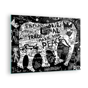 Tablou pe sticlă - Imagine graffiti alb-negru cu teme de pace și libertate - 70x50cm - Lumea bogată a străzii - Decorațiune modernă pentru perete pentru living și dormitor ARTTOR