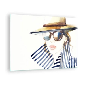 Tablou pe sticlă - Femeie elegantă cu pălărie și ochelari în stil acuarelă - 70x50cm - Bun venit la Florida! - Decorațiune modernă pentru perete pentru living și dormitor ARTTOR