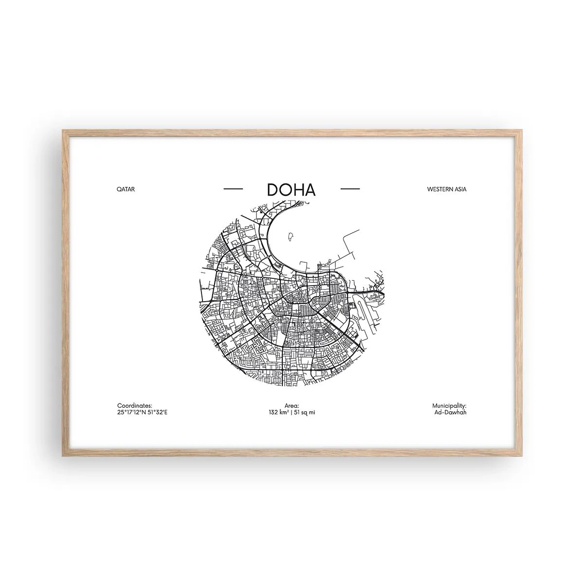 Poster în ramă de stejar deschis - Anatomia orașului Doha - 100x70 cm