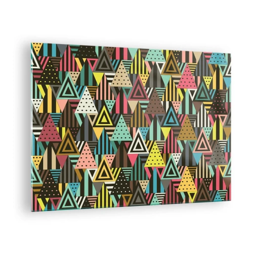 Tablou pe sticlă - O compoziție abstractă cu triunghiuri în culori intense. - 70x50cm - În ritm de trei - Decorațiune modernă pentru perete pentru living și dormitor ARTTOR
