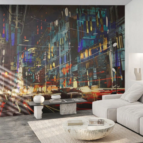Tapet Standard Eco - Panoramă abstractă a orașului nocturn cu lumini - 100x70cm - Agitația de seară a străzii - Decorațiune modernă pentru perete pentru living și dormitor ARTTOR