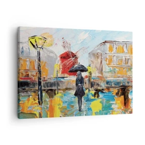 Tablou pe pânză Canvas - O scenă pitorească cu o umbrelă pe fundalul Parisului în culori vibrante. - 70x50cm - Legende pariziene - Decorațiune modernă pentru perete pentru living și dormitor ARTTOR