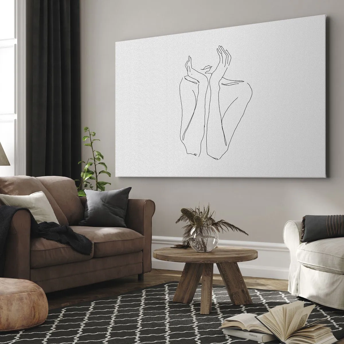 Tablou pe pânză Canvas - Desen minimalist al feței și mâinilor - 70x50cm - La ce visează fetele - Decorațiune modernă pentru perete pentru living și dormitor ARTTOR