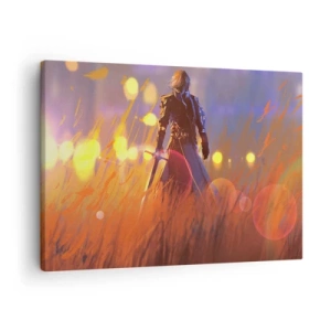 Tablou pe pânză Canvas - Figura unui cavaler în lumina soarelui care apune pe un câmp - 70x50cm - Cavalerul greșit - Decorațiune modernă pentru perete pentru living și dormitor ARTTOR