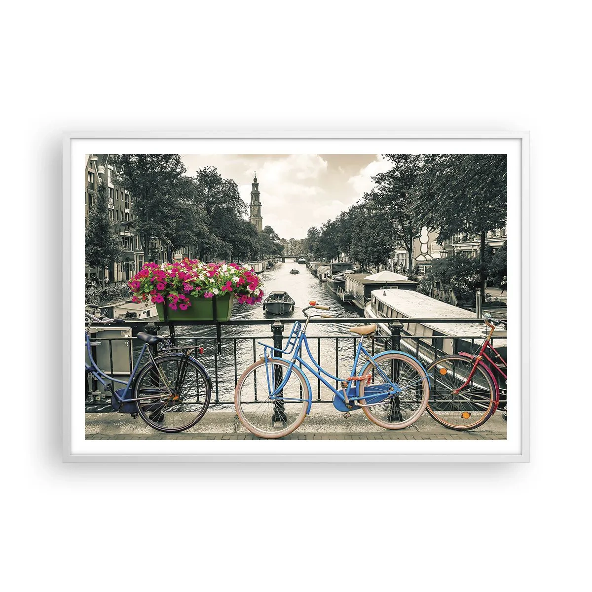 Poster în ramă albă - Culorile unui canal din Amsterdam - 100x70 cm