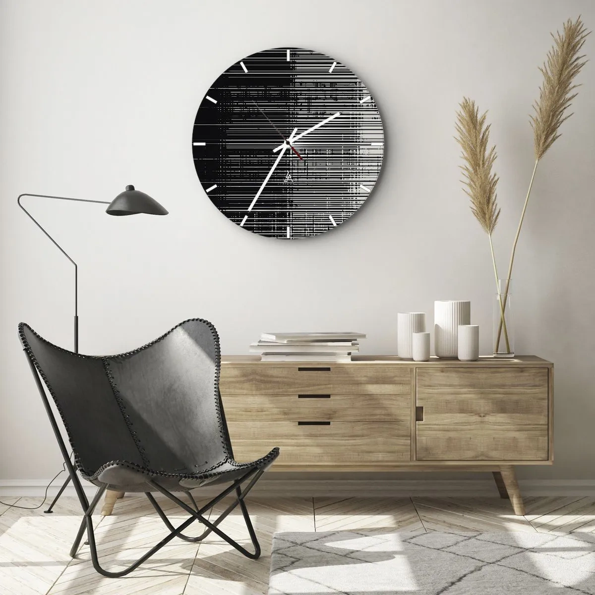 Ceas de perete - Ceas pe sticlă - Dungi albe și negre care creează efectul de valuri și vibrații - 30x30cm - Valuri și vibrații - Decorațiune modernă pentru perete pentru living, bucătărie și dormitor ARTTOR