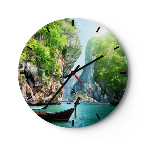 Ceas de perete - Ceas pe sticlă - Golf tropical cu o barcă lângă stânci - 30x30cm - Invitație la o călătorie exotică - Decorațiune modernă pentru perete pentru living, bucătărie și dormitor ARTTOR
