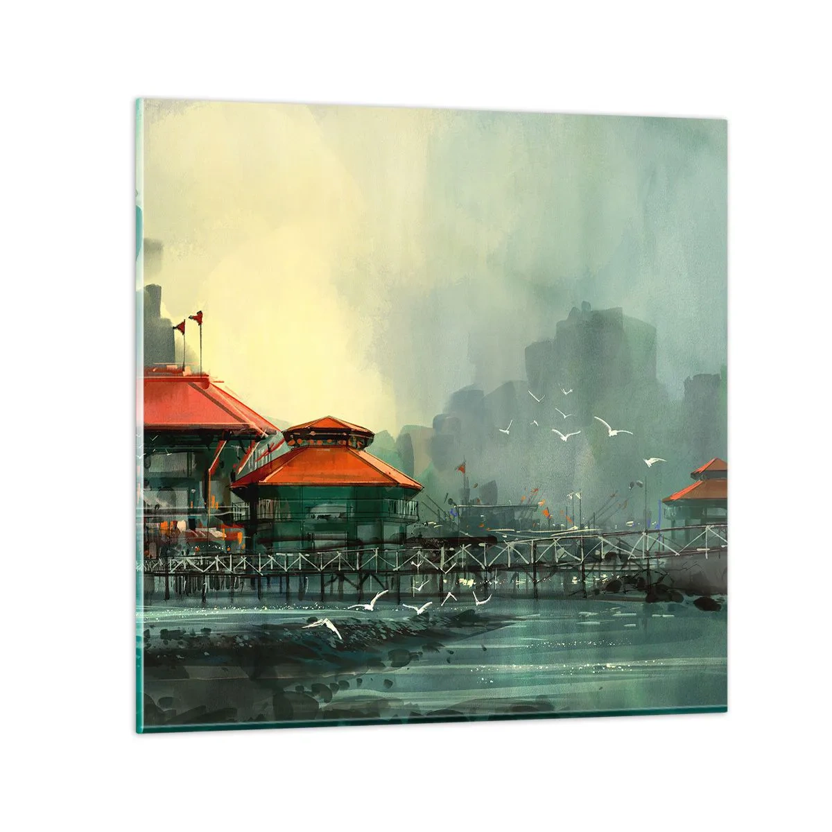 Tablou pe sticlă - O zi ploioasă în port - 70x70 cm