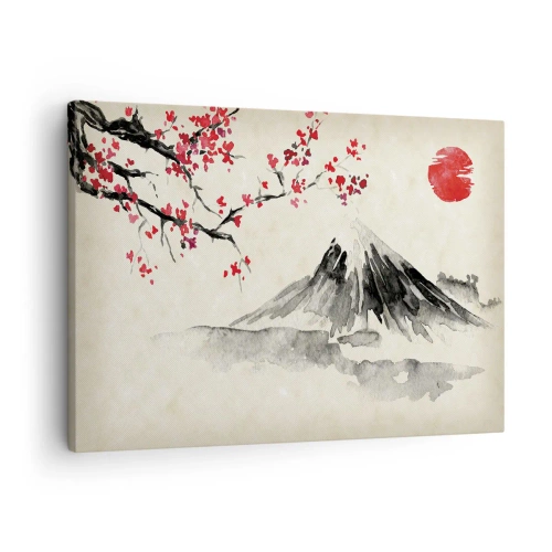 Tablou pe pânză Canvas - Un peisaj pitoresc cu un munte, flori de cireș și soare - 70x50cm - Îndrăgostește-te de Japonia - Decorațiune modernă pentru perete pentru living și dormitor ARTTOR