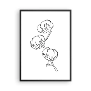 Poster în ramă neagră - O schiță minimalistă a unei crengi de bumbac - 50x70cm - Pufuri de bumbac - Decorațiune modernă pentru perete pentru living și dormitor ARTTOR